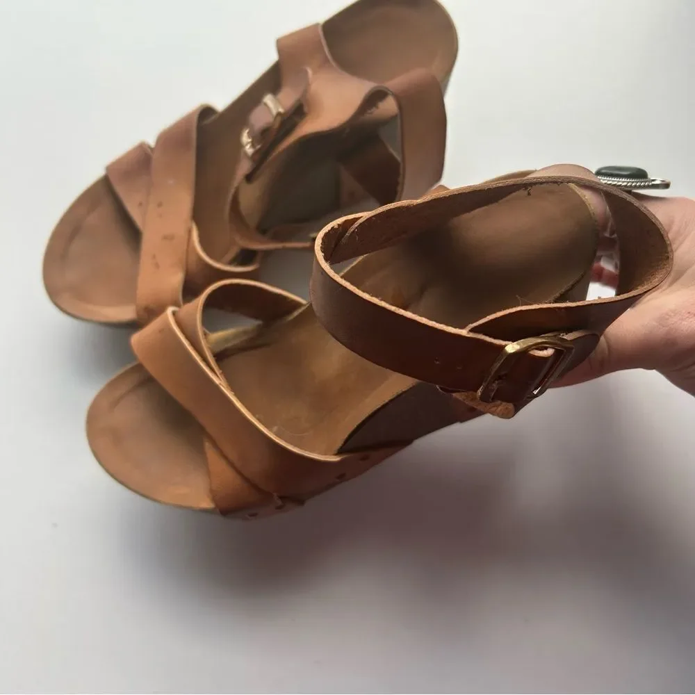 Women's Tan Brown Leather Wedge Sandals
